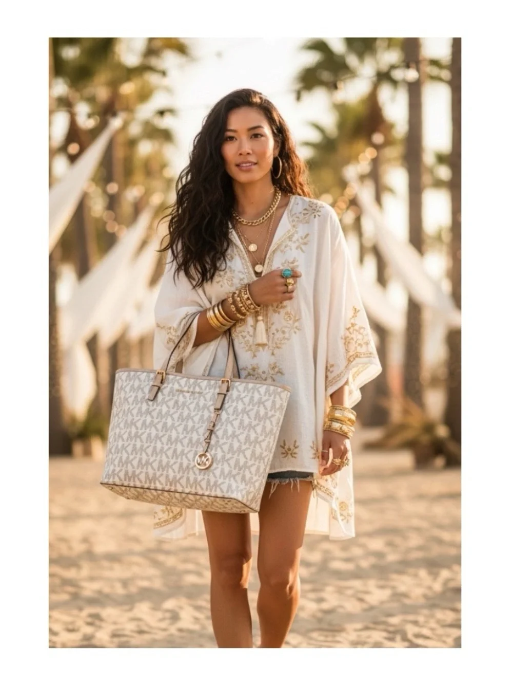 Michael Kors  Jet Set Med Logo Top Zip Tote Handbag  Vanilla Natural Leather 